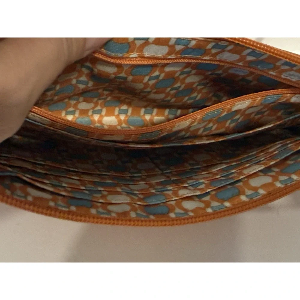 HOBO The Original Orange Leather Wristlet Clutch Bag Geometric Lining Grommet